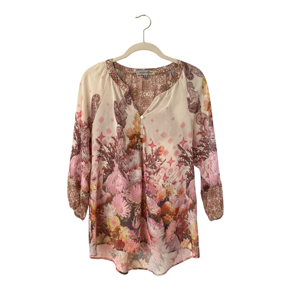 Fig & Flower Boho Pink Cream Floral Blouse Size Small - Picture 13 of 16